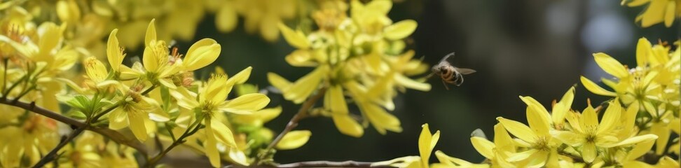 A honeybee gathers nectar from a vibrant yellow dogwood blossom , flora, sunlight