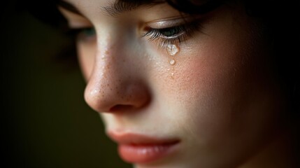 Fototapeta premium Crying young woman with tears running down her face