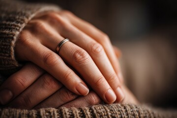 Hands clasped wearing wedding ring in neutral sweater