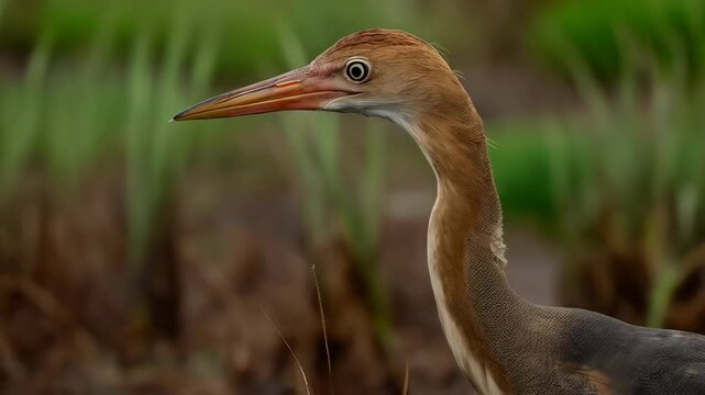 Close-up portrait of a cinnamon bittern bird hunting in a rice paddy, its long beak pointed toward the water in search of prey.