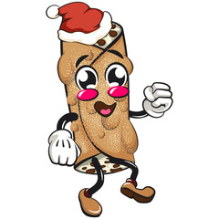 cute cannoli vektor illustration mascot character walking while wearing a santa hat, work of hand drawn