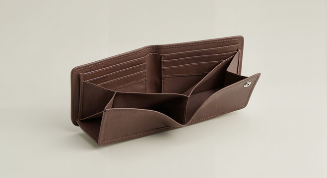 Open leather wallet with empty compartments and no cash, centered high-resolution product shot on neutral background, soft studio lighting and minimalistic clean presentation with copy space