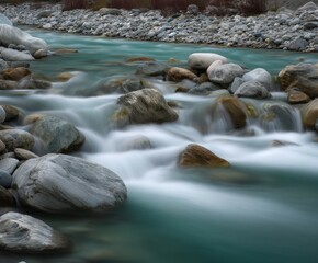 Mountain stream water flowing over rocks in late afternoon