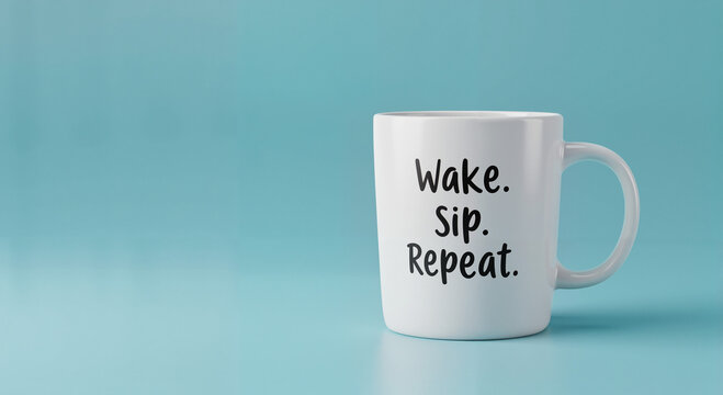 Side view of white cup with loose hand lettering "Wake. Sip. Repeat." on pastel blue backdrop, minimalist and rhythmic design with copy space