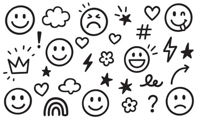 Smile brush hand drawn vector element set. Emoji fun face, heart, crown symbol crayon texture marker background kid sketch style hand drawn element. Color smiley face, arrow. Vector illustration 