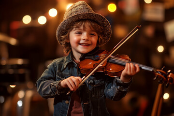 Child playing violin on stage wearing a hat and denim jacket, smiling under warm lights. Concept of joy, music, and childhood. For music education content.