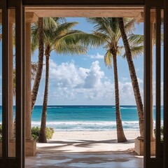 Ocean view framed by tropical palm trees and columns