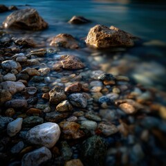 Fototapeta premium River rocks and water flowing at dusk in glacier national park