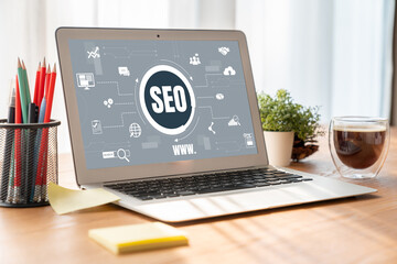 SEO search engine optimization for modish e-commerce and online retail business showing on computer...