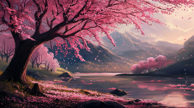 cherry blossoms in the mountains painted texture