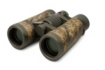 Camouflage binoculars resting against white backdrop, supporting wildlife observation, hunting expeditions, outdoor exploration