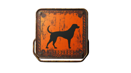 Beware of dog sign, featuring a dog silhouette on orange rusty metal, isolated on transparent background