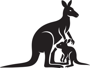 Kangaroo mother with joey silhouette, Wild animal family flat black design