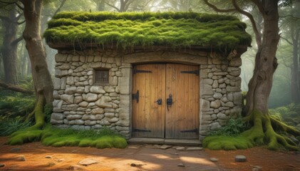 Naklejka premium Ancient moss-covered stone building, wooden door, tranquil forest , overgrown, hidden