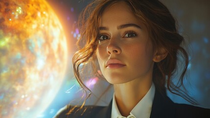 Young woman gazing at a cosmic sphere