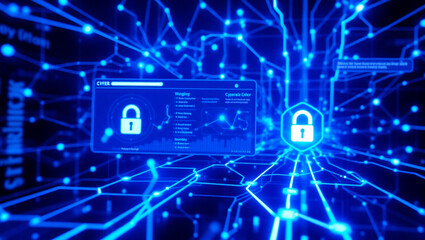 Cybersecurity Dashboard UI with Futuristic Blue Network Interface and Data Nodes