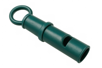 Green plastic whistle with attached ring, shown in clean studio setting, sharp details visible on transparent backdrop