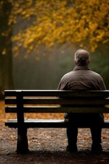 Man sits alone on a park bench during autumn season