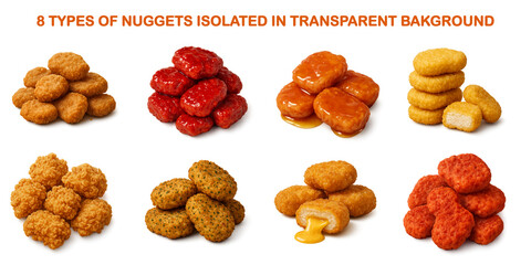 8 Varieties of Crispy Nuggets Isolated on Transparent Background – Tasty Fried Snack Collection

