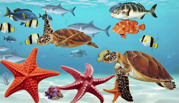 Collection of sea or marine animals life isolated on background, underwater of fish, starfish, octopus and sea turtle	