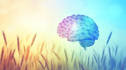 Colorful brain graphic over a field of wheat