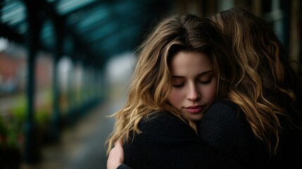 Woman hugging a friend tightly at outdoor train station