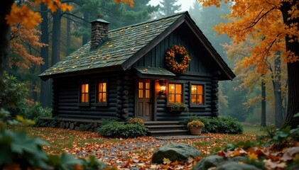 Fototapeta premium Dark green & gold cabin wreath Luxurious autumnal feel , cottage, texture