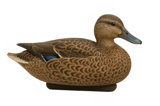 Detailed wooden mallard duck decoy displaying lifelike feather texture, standing against transparent background, crafted for hunting enthusiasts
