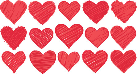 Set of hand-drawn red hearts with various patterns on white background