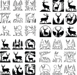 Deer in Forest Silhouette Set – Wildlife and Nature Vector Pack Forest Deer Silhouettes – Wild Animal Clipart for Outdoor Scenes