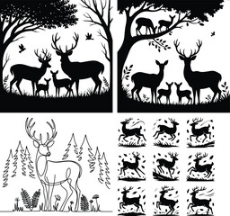 Deer in Forest Silhouette Set – Wildlife and Nature Vector Pack Forest Deer Silhouettes – Wild Animal Clipart for Outdoor Scenes