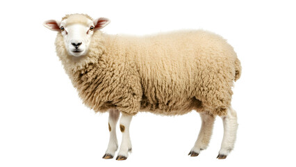 Obraz premium Fluffy sheep standing isolated on transparent background, a domestic farm animal with white wool
