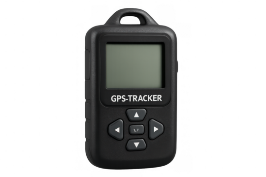 Gps tracking device featuring digital display and control buttons, highlighting modern location monitoring technology against transparent backdrop