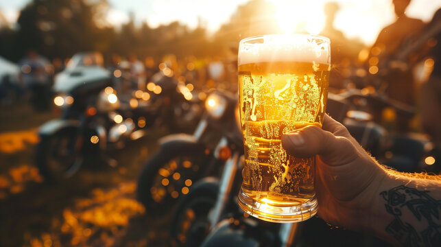 Beer pint held at sunset during biker festival with motorcycles