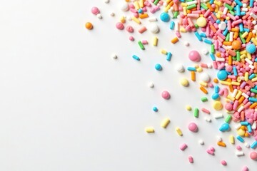 Obraz premium Rainbow candy sprinkles scattered on white, forming a festive pattern , dessert, white, pastel