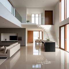 Fototapeta premium Open-plan modern house interior, featuring a light beige tiled floor, neutral-toned furniture, and a stairway