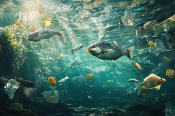 Fototapeta premium Ocean pollution with plastic debris and fish