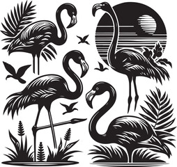 Silhouette Flamingo  Black Vector white background illustration Style 