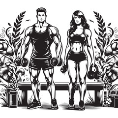 Silhouette Fitness Man and Women Black Vector white background illustration Style 