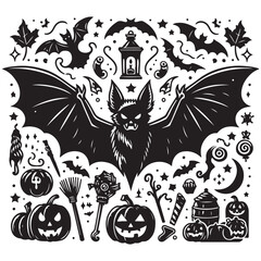 Silhouette bat Black Vector white background illustration Style 