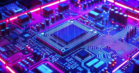 Motherboard with various electronic components, including resistors, capacitors, transistors, and integrated circuits. Computer and technology related background animation. - Powered by Adobe