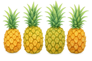 Four fresh pineapples arranged in a row, vibrant yellow and green, perfect for tropical themes or summer recipes. Isolated on white background or PNG