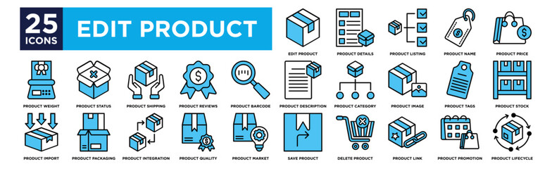 Edit product icon collection set. Containing design Edit Product, Product Details, Product Listing, Product Name, Product Price,