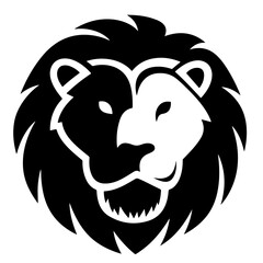 A lion's head, split into black and white, illustrated in a stylized, bold manner.