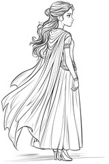 A princess figure in a flowing gown with a cape stands in profile, poised Generative AI