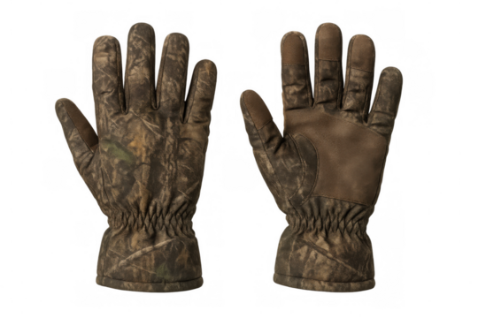 Camouflage hunting gloves displaying palm and back surfaces against transparent backdrop