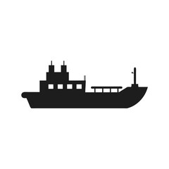 Minimalist black silhouette vector illustration of a commercial cargo ship on a white background