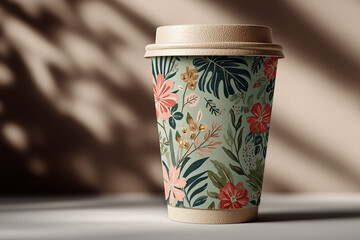 Disposable coffee cup mockup with botanical pattern, copy space for text