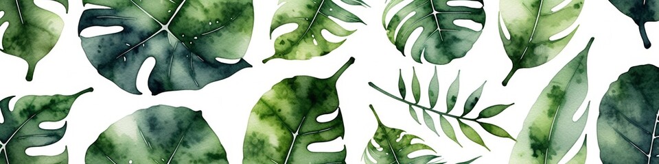 Watercolor Tropical Leaves Pattern - Green Foliage Illustration - Botanical Design for Wallpaper and Background - Monstera and Palm Leaves Artwork