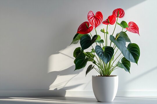A vibrant large anthurium plant showcasing bright red blossoms indoors